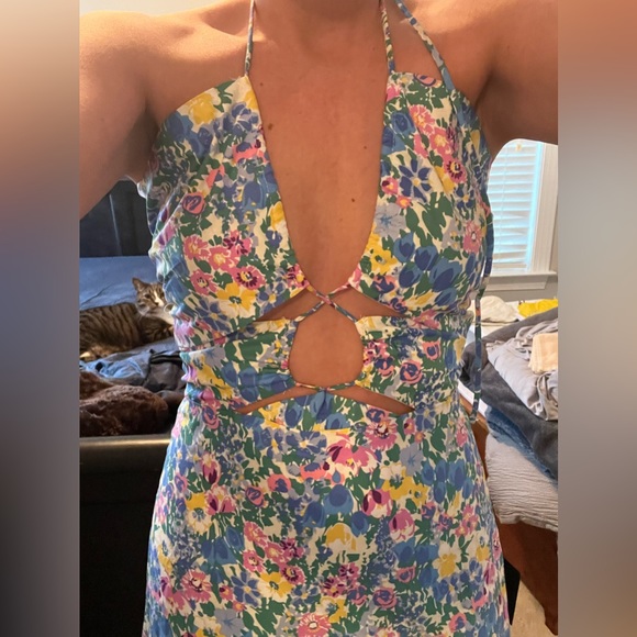 Blue Floral Drawstring Halter Midi Dress - Picture 2 of 3